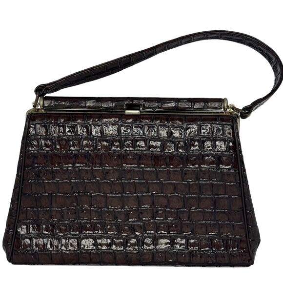 Vintage Brown Faux Croc Top Handle Purse 60s 70s Frame Bag Structured Handbag - Picture 1 of 6